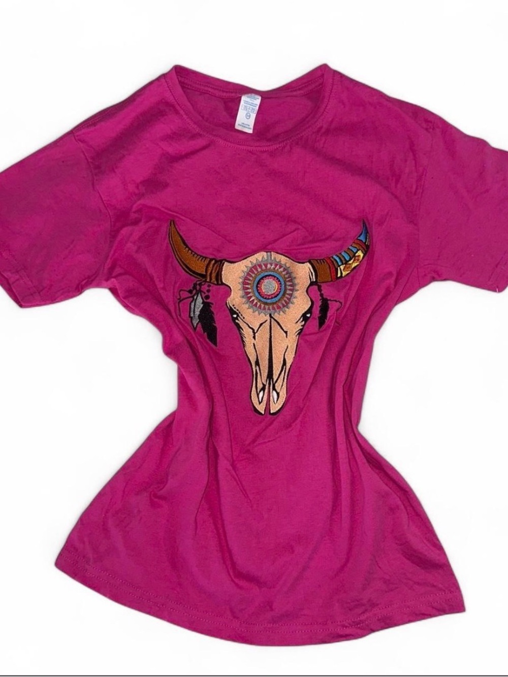 Women's Fuchsia Hot Pink Skull Embroidered Graphic Tee with Bull Skull Feathers